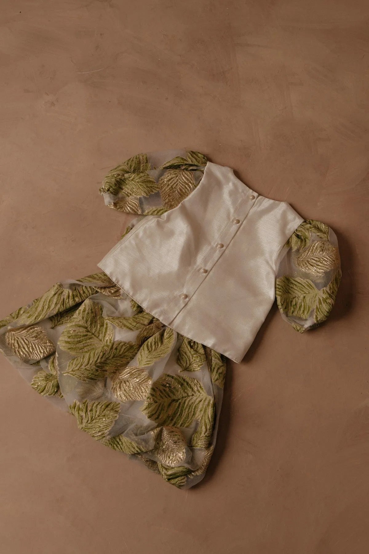 Green leaf print romper set with short-sleeve white button-up shirt
