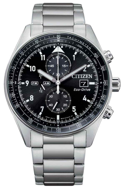 Silver wristwatch with black chronograph dial, three subdials, metal bracelet