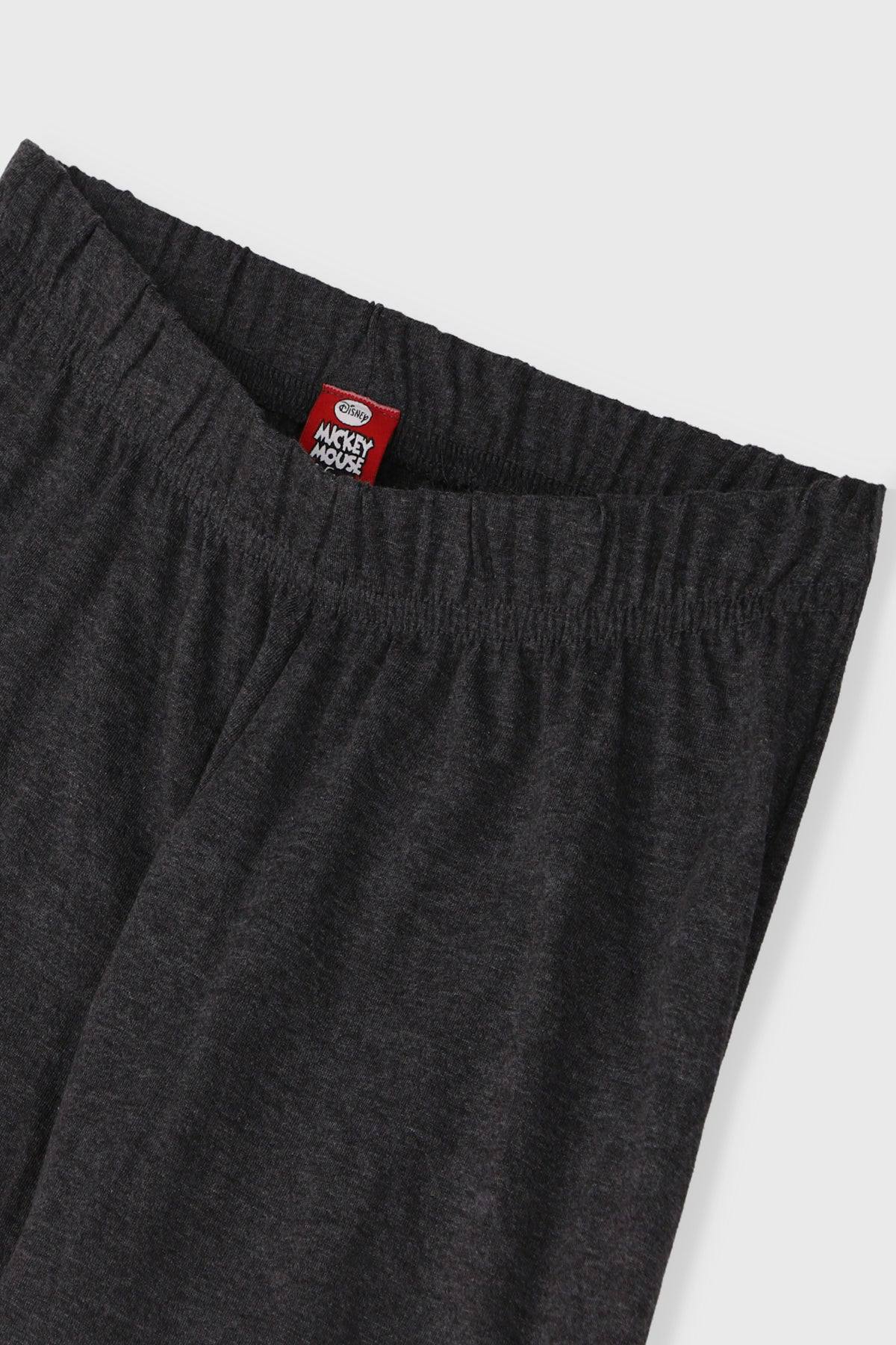 Dark gray elastic-waist jogger pants with small Mickey Mouse logo tag