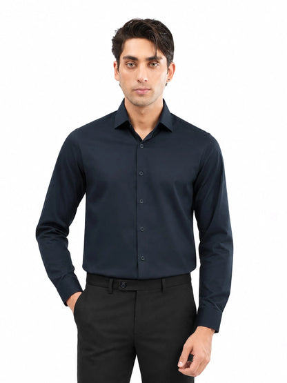 Men's dark navy cotton dress shirt with button-front and long sleeves