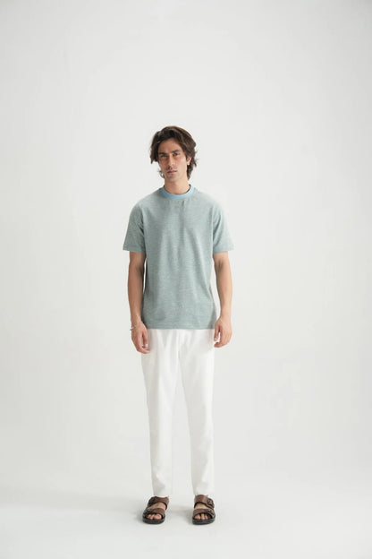 Men's light blue striped crewneck T-shirt, front view with short sleeves