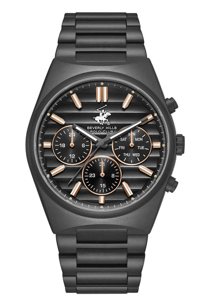 BHPC black wristwatch with round dial, three subdials and metal bracelet