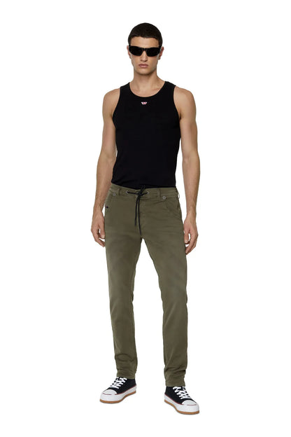 Olive green drawstring jogger pants with cuffed hem and side seam details
