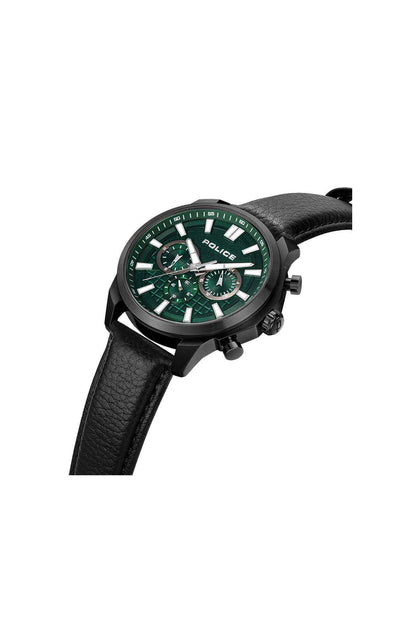 Police wristwatch with green chronograph-style dial, black case, and black leather band