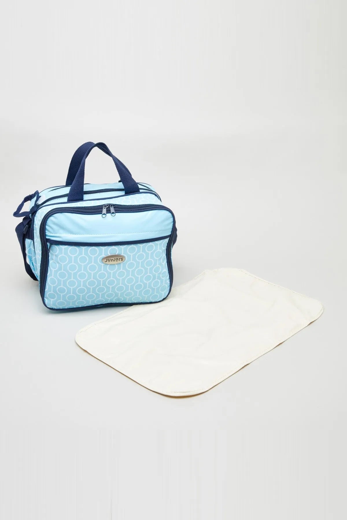 Blue patterned BABYSHOP tote bag with zip top and matching foldable mat