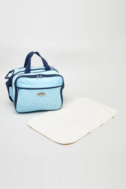 Blue patterned BABYSHOP tote bag with zip top and matching foldable mat