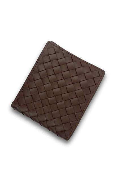Brown leather bifold wallet, woven check pattern, three-quarter view
