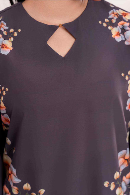 Dark dress with cutout V neckline and floral print trim