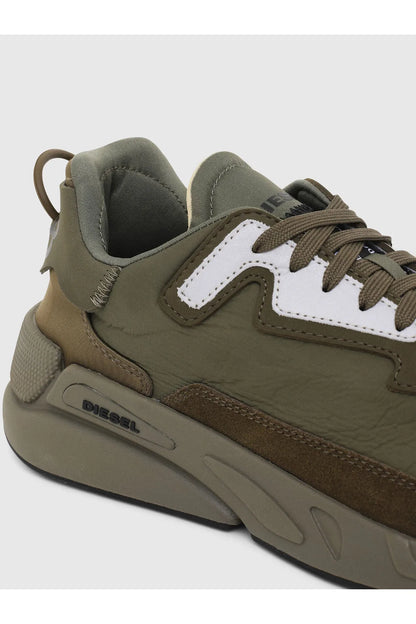 Diesel green lace-up sneakers with white quarter panels and chunky sole