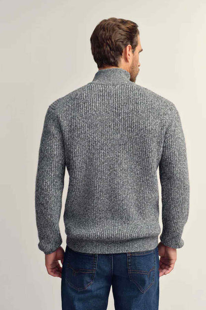 Grey knit half-zip sweater from back, long sleeves and ribbed cuffs