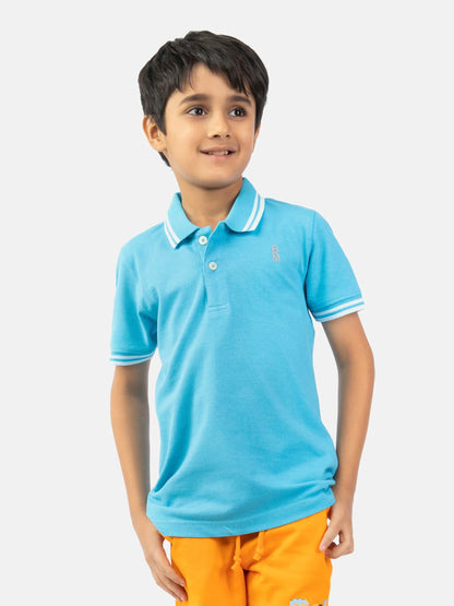 Light blue 100% cotton polo shirt, striped collar cuffs, button placket