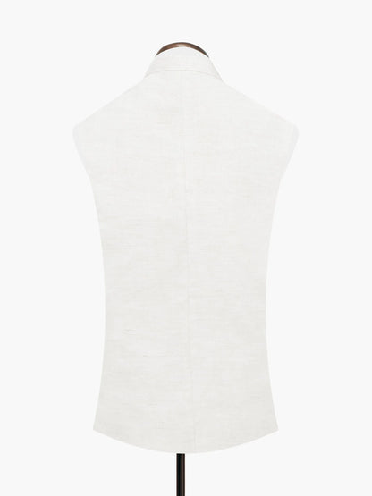 Beige sleeveless waistcoat back view with clean yoke and no visible buttons