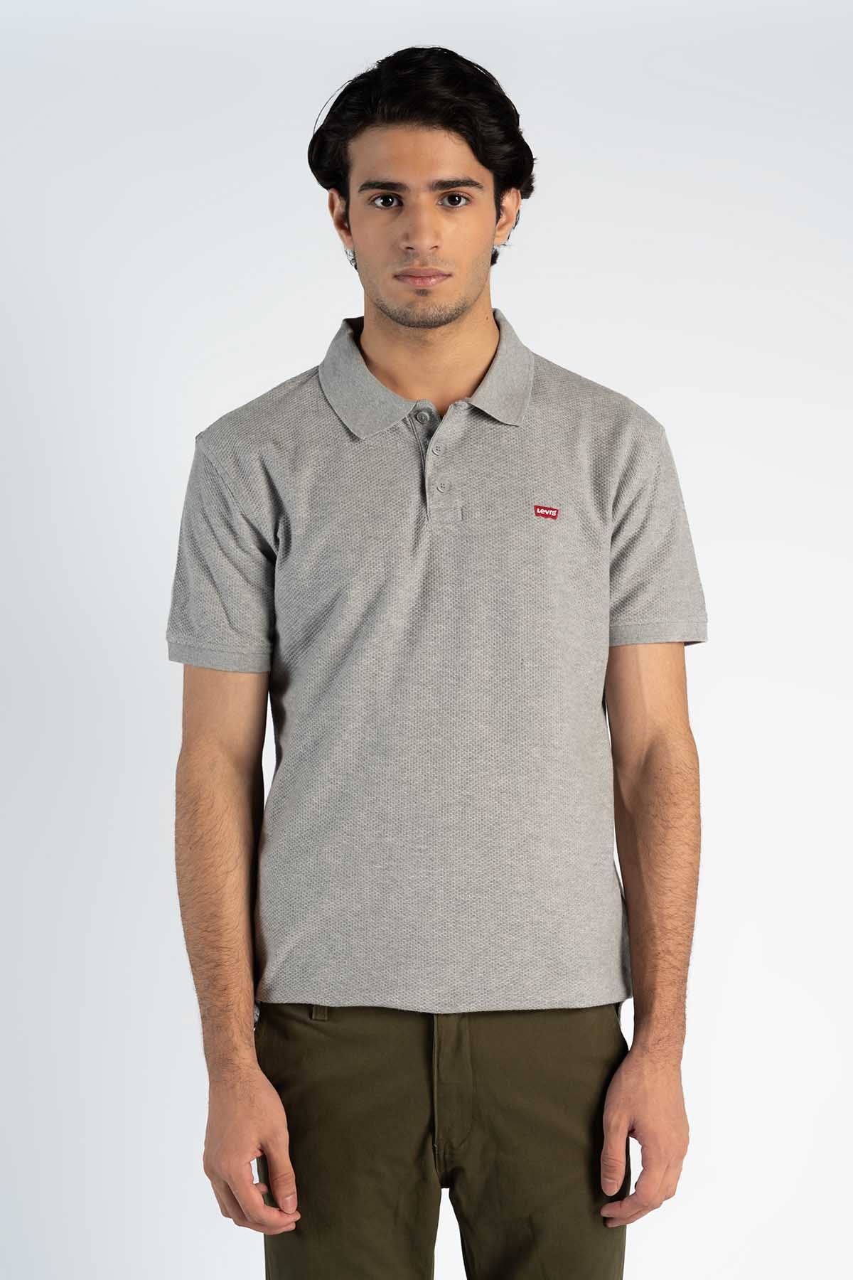 Levi's grey polo shirt with collared button neckline and small red chest logo
