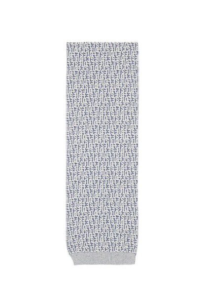 Blue and white patterned knit scarf, folded hem at bottom, long rectangular