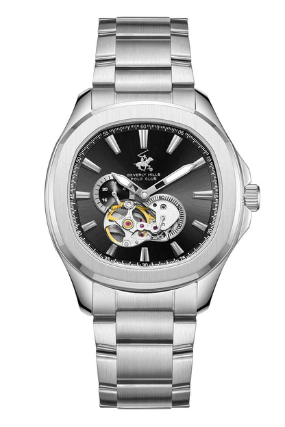 Silver metal wristwatch with black dial and visible skeleton movement
