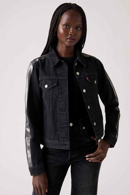 Levi's black denim jacket with button front and flap chest pockets, long sleeves