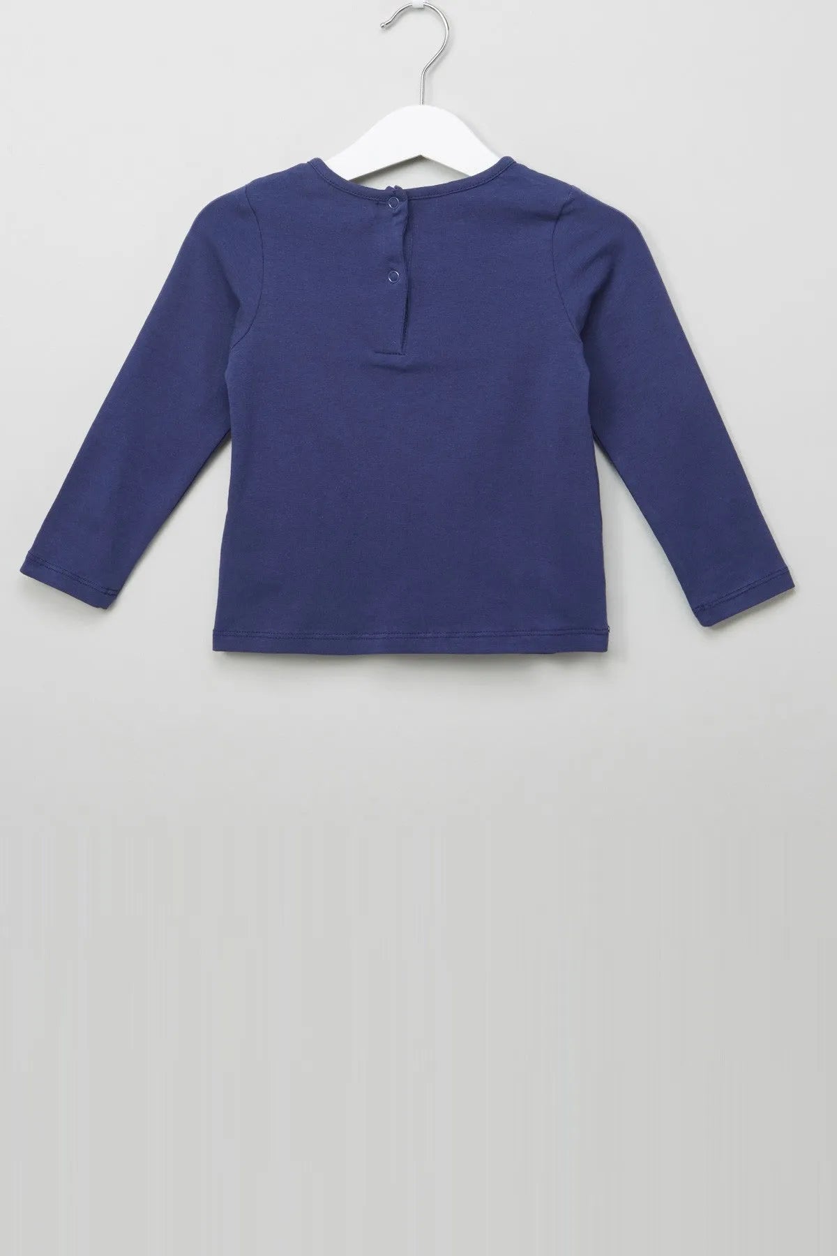 Kids navy long-sleeve top with button placket and curved back hem