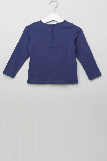 Kids navy long-sleeve top with button placket and curved back hem