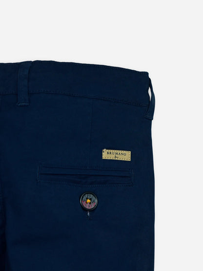 Dark blue pants back with BRUMANO patch and buttoned welt pocket