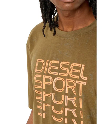 Olive T-shirt neckline with large orange "Diesel Sport" text graphic