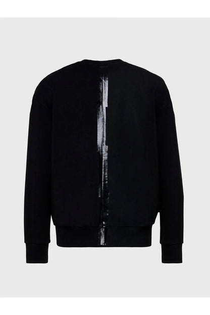 Black zip-up sweatshirt back view with centered zipper stripe