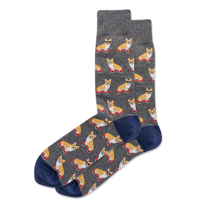 Grey crew socks with cats pattern and navy toe/heel contrast