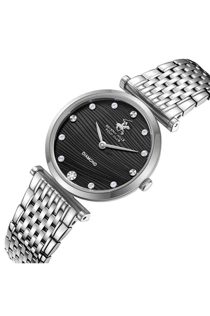 BHPC watch with black DIAMOND dial, silver mesh bracelet, three-quarter view
