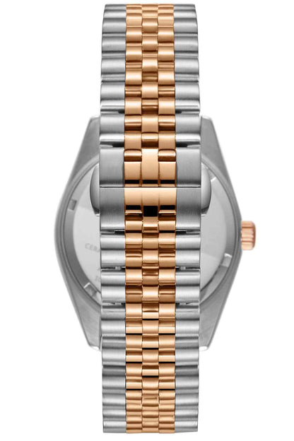 Two-tone stainless steel watch with rose-gold center links and dark dial