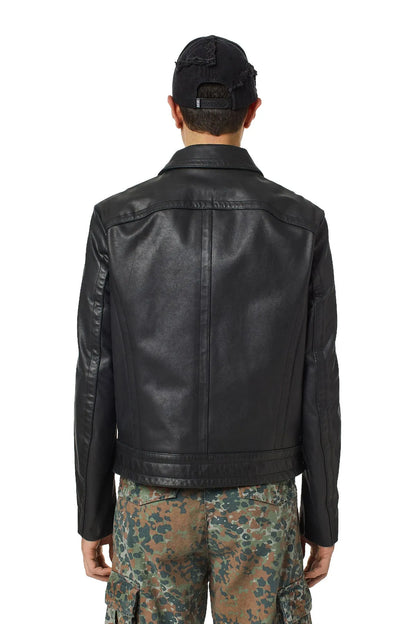 Black leather jacket, back view with center seam and full-length shoulder panels