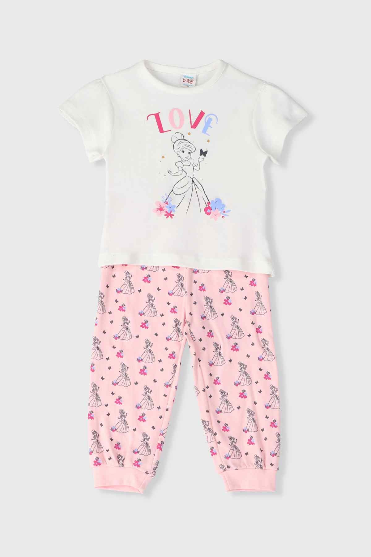 Kids Disney 2-piece pajama set: white Love T-shirt and pink princess print pants