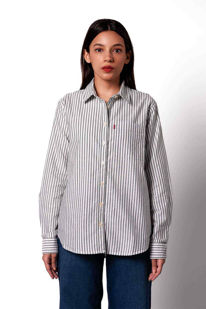 Levi's striped button-up shirt in light gray/white, classic collar, button front
