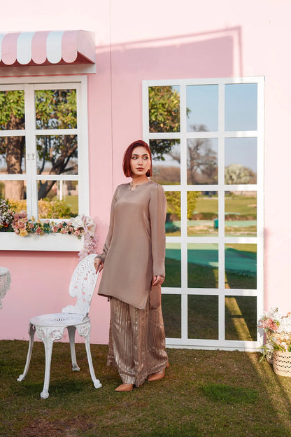 Taupe tunic dress with round neckline and pleated metallic wide-leg trousers, full view