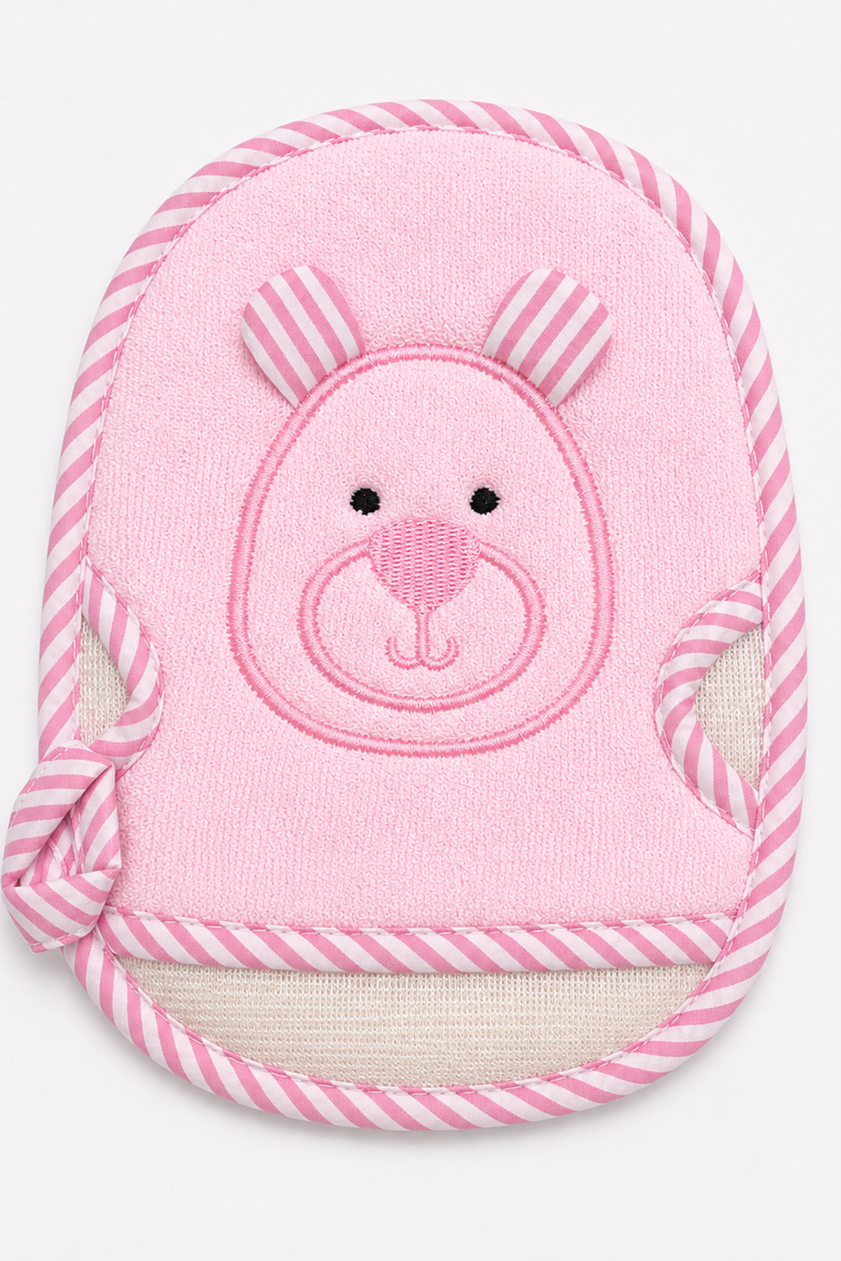 Pink hooded baby towel with bunny face embroidery and striped cord trim