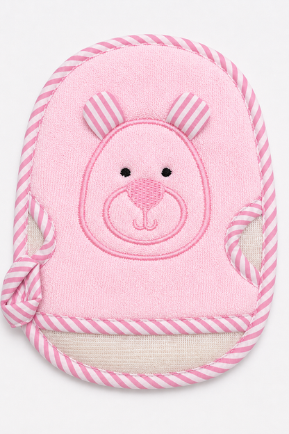 Pink hooded baby towel with bunny face embroidery and striped cord trim