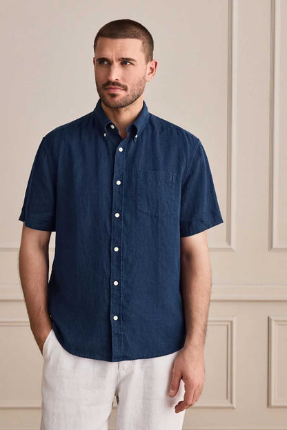 Men's navy short-sleeve button-up shirt with button placket
