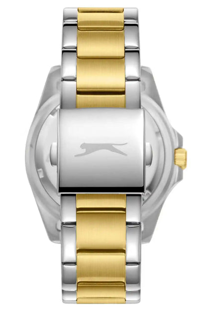 Wristwatch front with blue dial, silver case, and gold center bracelet links.