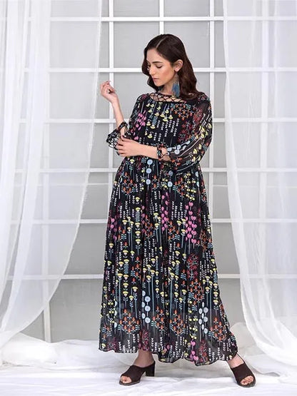 Black multicolor printed maxi dress with gathered empire waist and flowing skirt