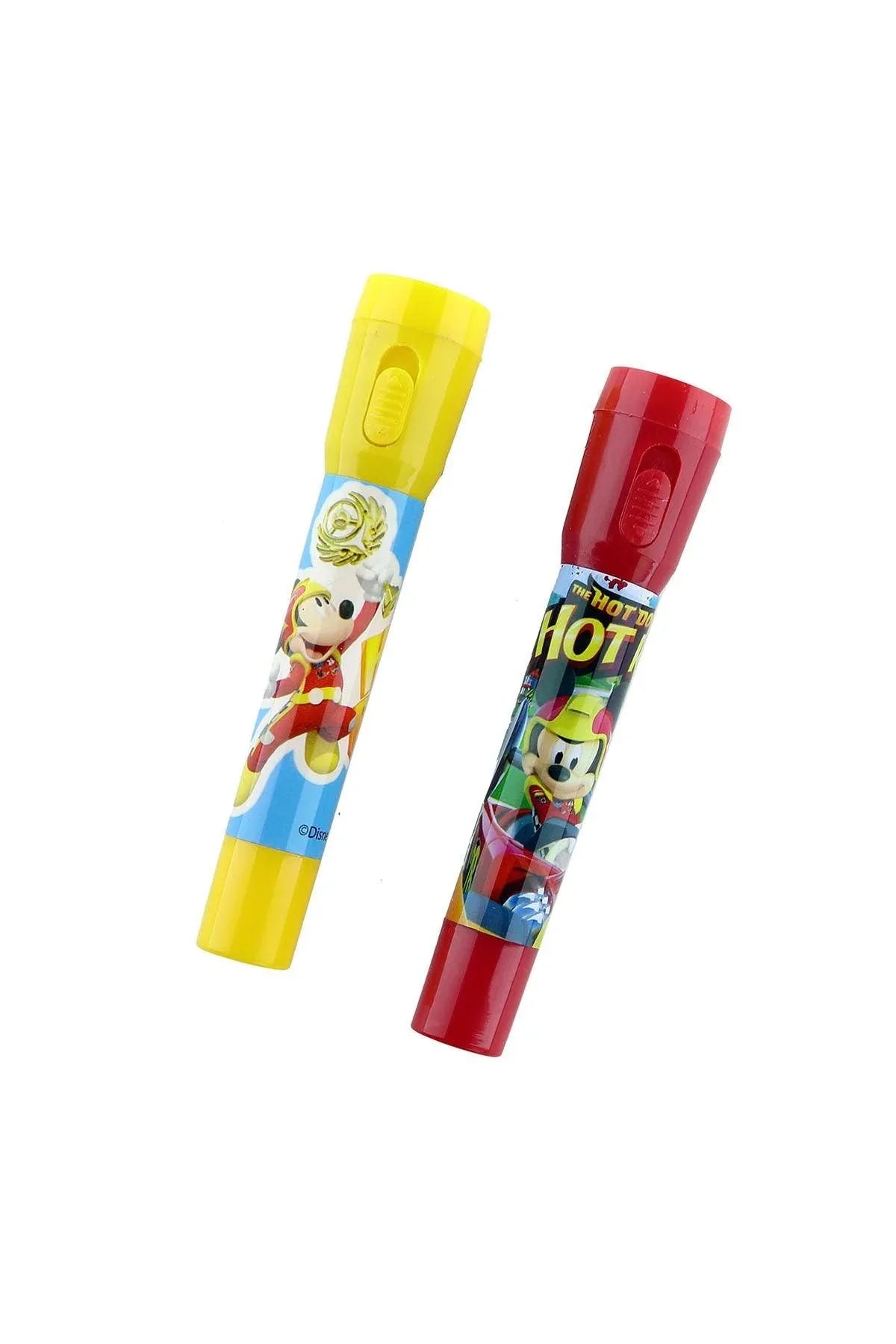 Disney character crayons, yellow and red, cylindrical with printed characters