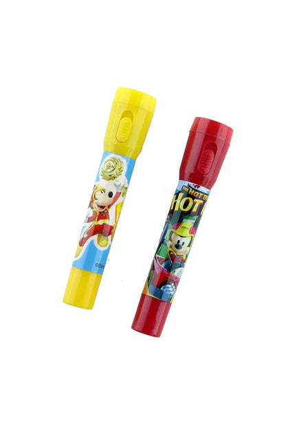 Disney character crayons, yellow and red, cylindrical with printed characters