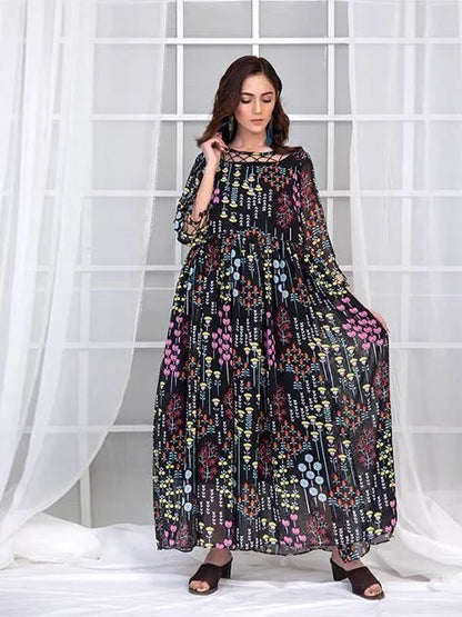 Black printed maxi dress with colorful scattered pattern, round-boat neckline and long sleeves