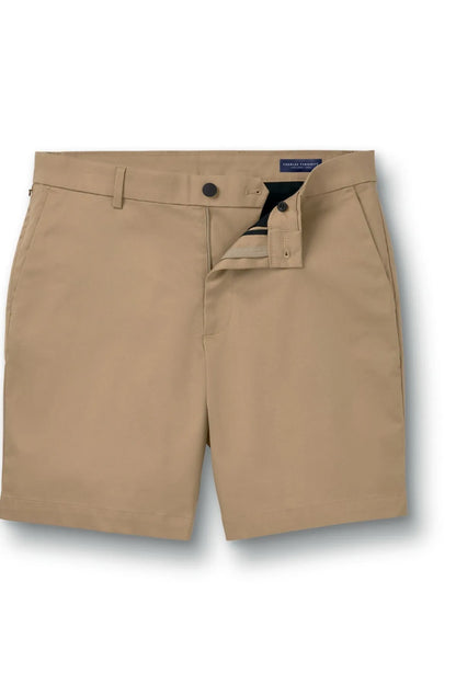Men's tan chino shorts, button closure and side pockets, flat lay