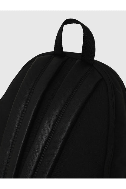 Black backpack top with stitched panel texture and sturdy carry handle
