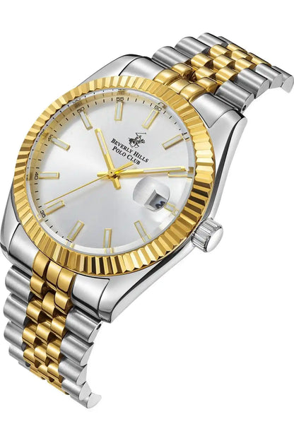 Angled view of two-tone gold and silver wristwatch with white dial and crown