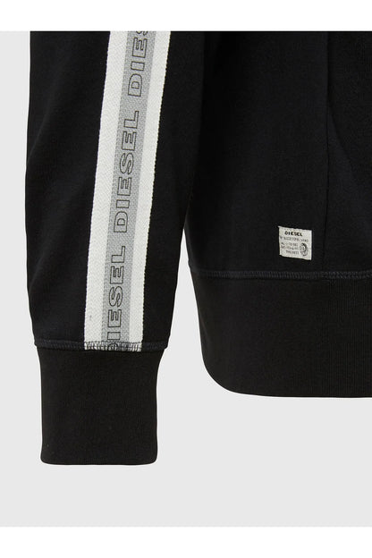 Black hoodie sleeve with vertical logo stripe and ribbed cuff, small chest patch