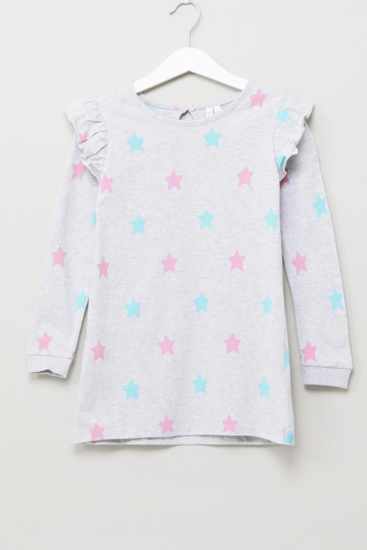 Kids long-sleeve star-print nightdress with crew neck and ruffle sleeves