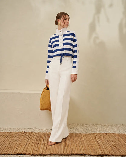 Striped button-front blouse with high neck and drawstring waist