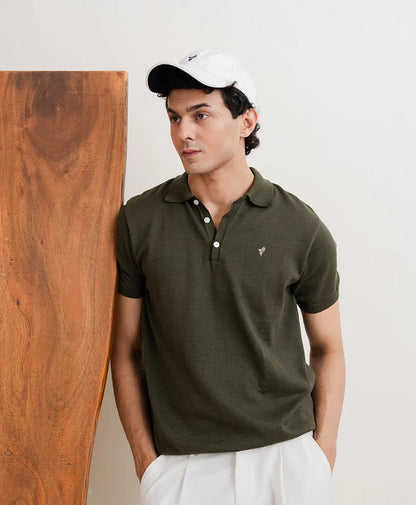Olive fitted polo shirt with white button placket and small chest emblem, short sleeves