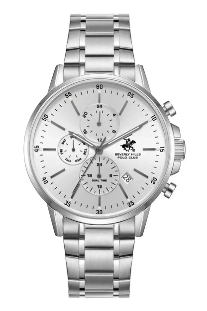 BHPC silver-tone chronograph wristwatch with metal bracelet, white dial, three subdials