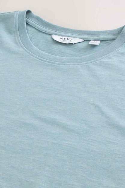 NEXT light blue crew-neck T-shirt, neckline tag close-up