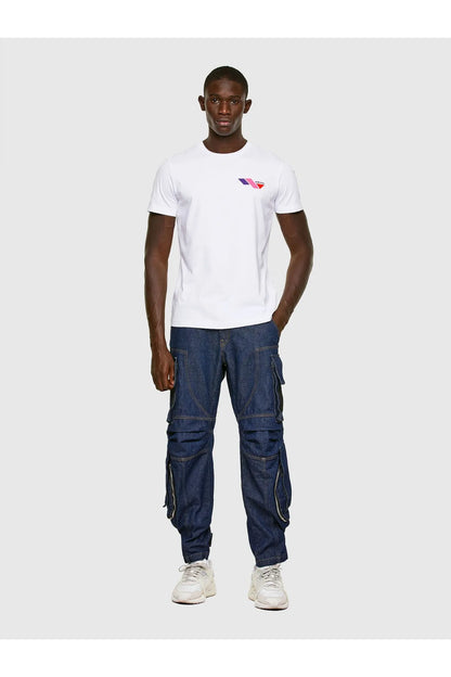 Diesel white crew-neck T-shirt with multicolor chest logo, straight hem
